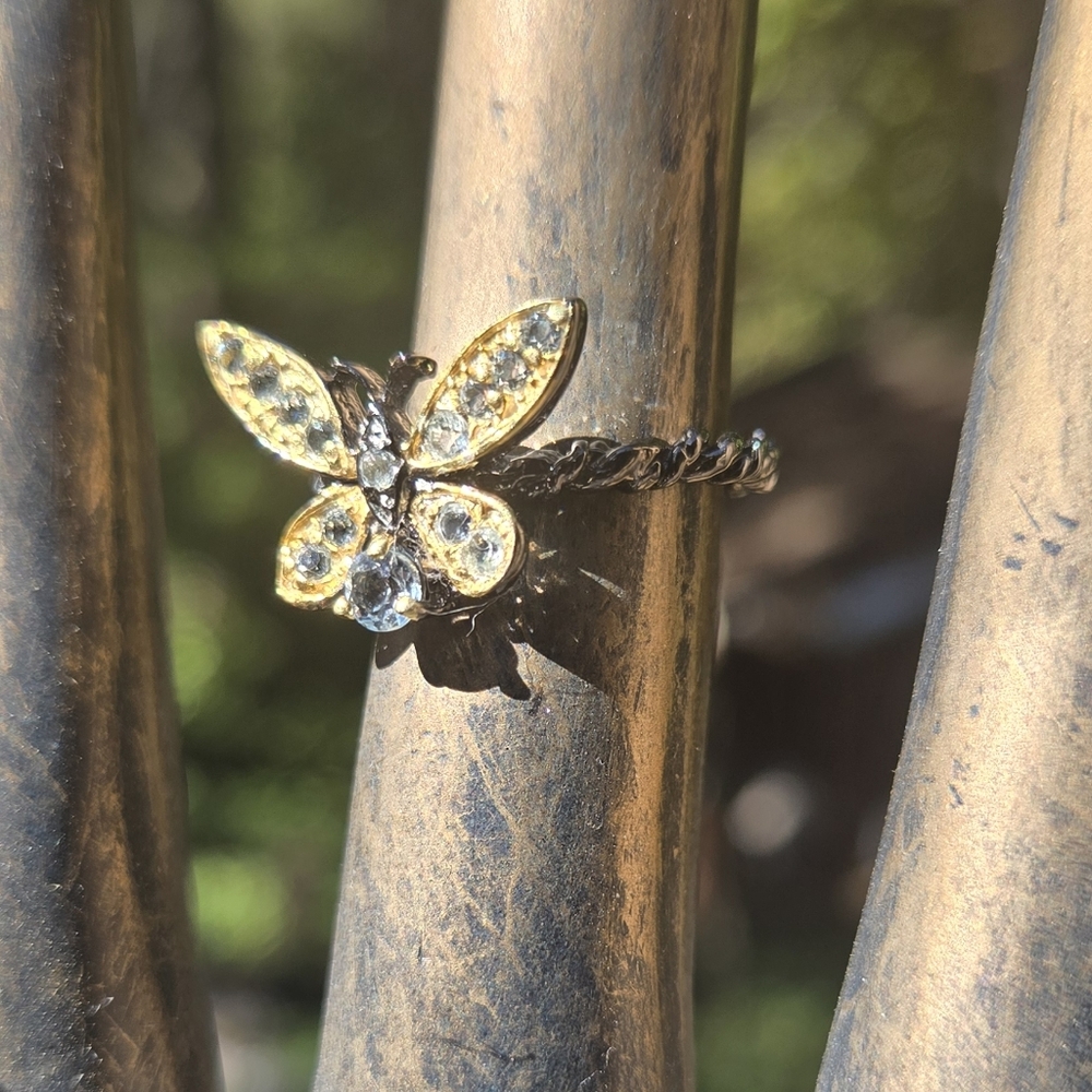 Blue Topaz Natural Gemstone Sterling Rhodium & Gold Butterfly Ring Sz7 - Picture 4 of 10